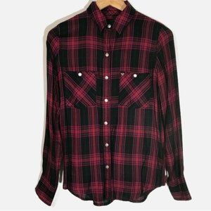 True Religion Red Black Plaid Flannel Snap Button Shirt Women’s XS